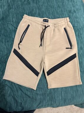 Public Record Men's Beige Athletic Drawstring Shorts with Black Accents